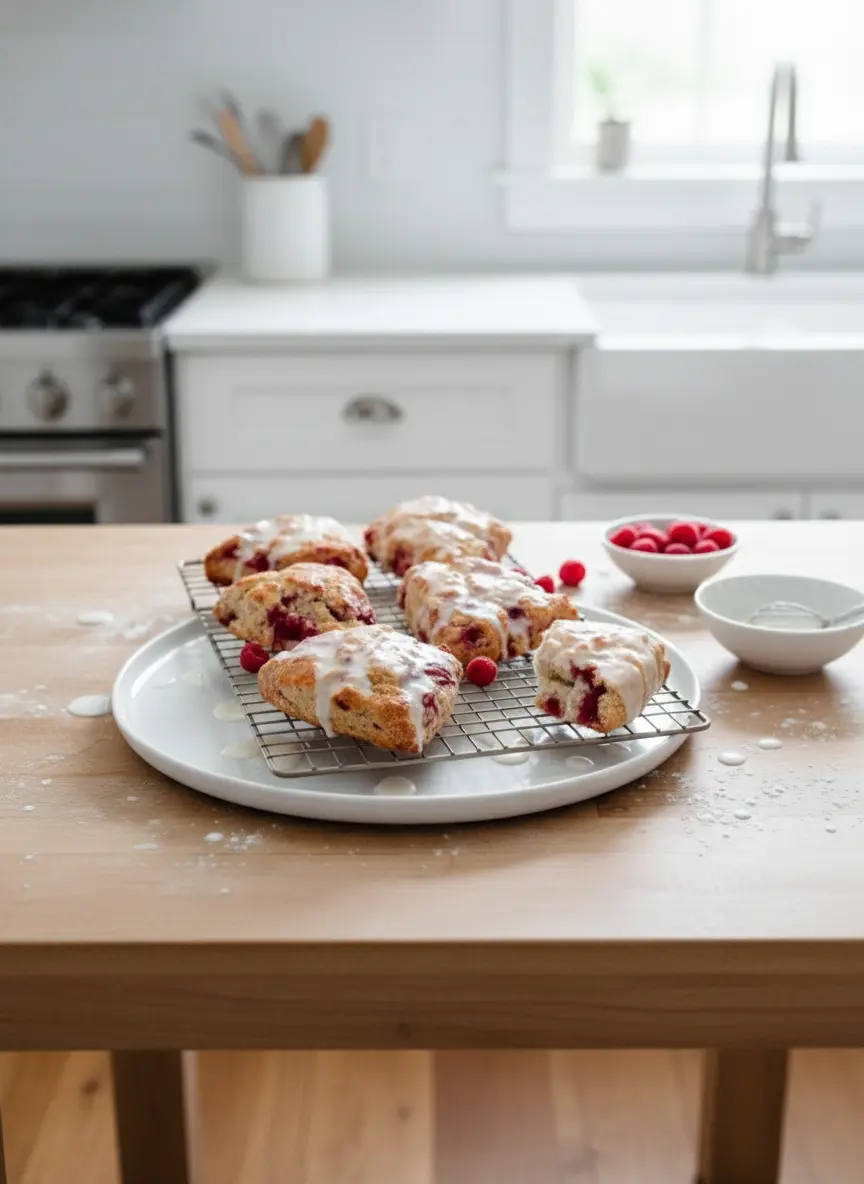 A close-up (3:4) of the scone dough being gently patted into a round shape on a light wooden cutting board, with visible chunks of cold butter and vibrant red raspberries speckled throughout. A sharp knife or bench scraper is poised to cut the dough into triangles. The scene is set on a marble countertop with natural morning light, casting soft shadows, maintaining a clean and tidy presentation with warm tones.