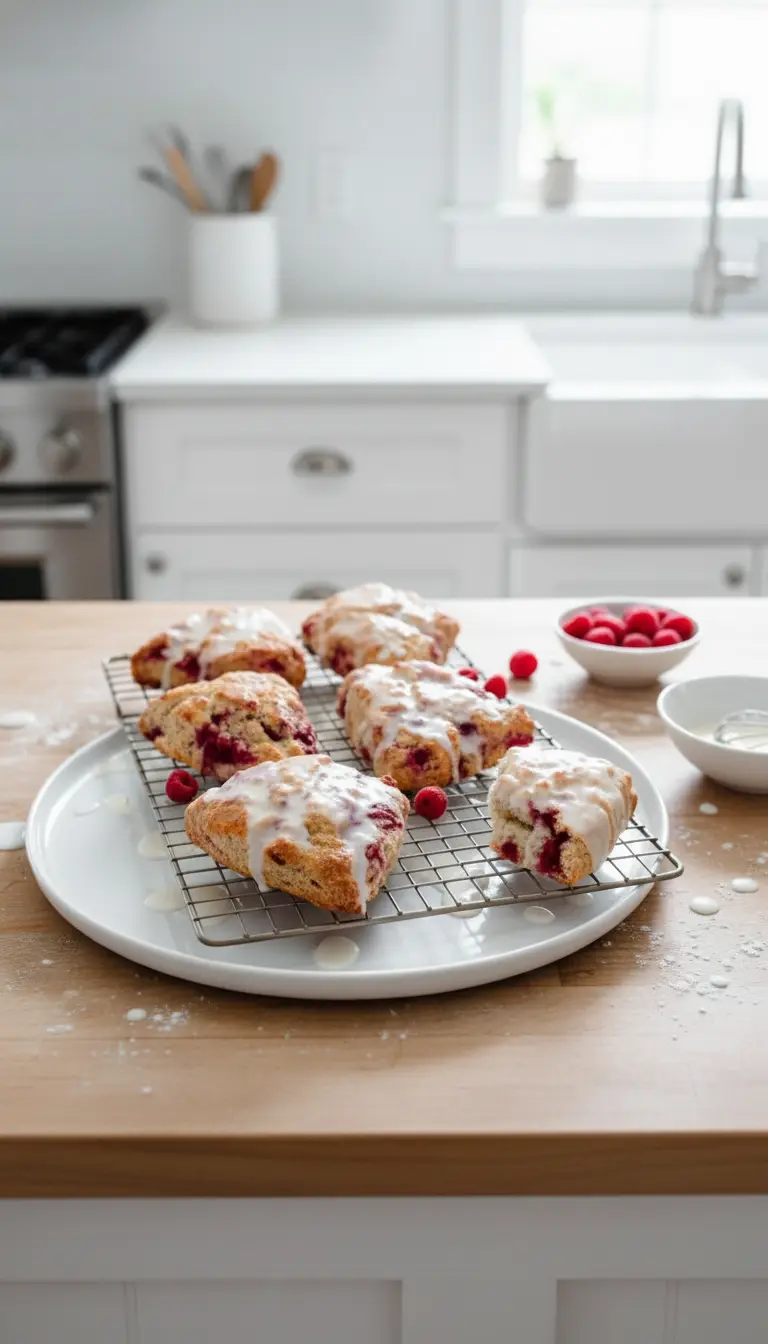 A close-up (3:4) of a single baked Raspberry Lemon Scone, broken open on a minimalist white ceramic plate, revealing its tender, flaky interior with melted raspberries. A sprig of fresh mint and a curl of lemon zest garnish the plate. The scone is generously drizzled with white lemon glaze. The plate rests on a marble countertop with wood accents in the background, illuminated by natural morning light, showing soft shadows and warm tones, with a clean and tidy presentation.