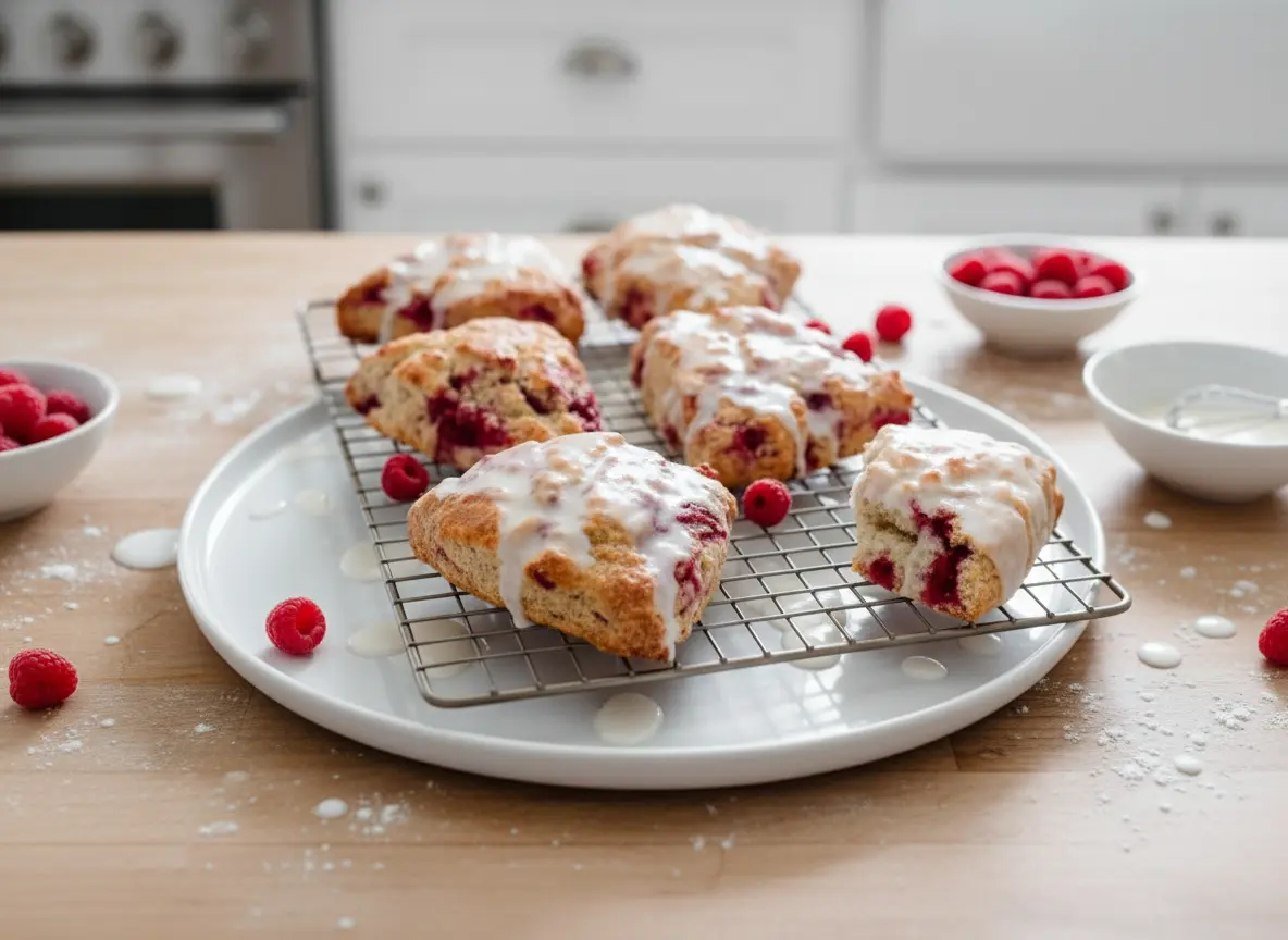 A top-down shot (4:3) of perfectly baked, golden-brown Raspberry Lemon Scones on a metal cooling rack against a cool blue-grey stone countertop. The scones are triangle-shaped, showing visible pockets of red raspberries and are generously drizzled with a bright white lemon glaze. A few fresh, vibrant red raspberries are scattered around the scones on the cooling rack and countertop. The scene is bathed in natural morning light from an east window, casting soft shadows, with a clean and tidy presentation and warm tones.