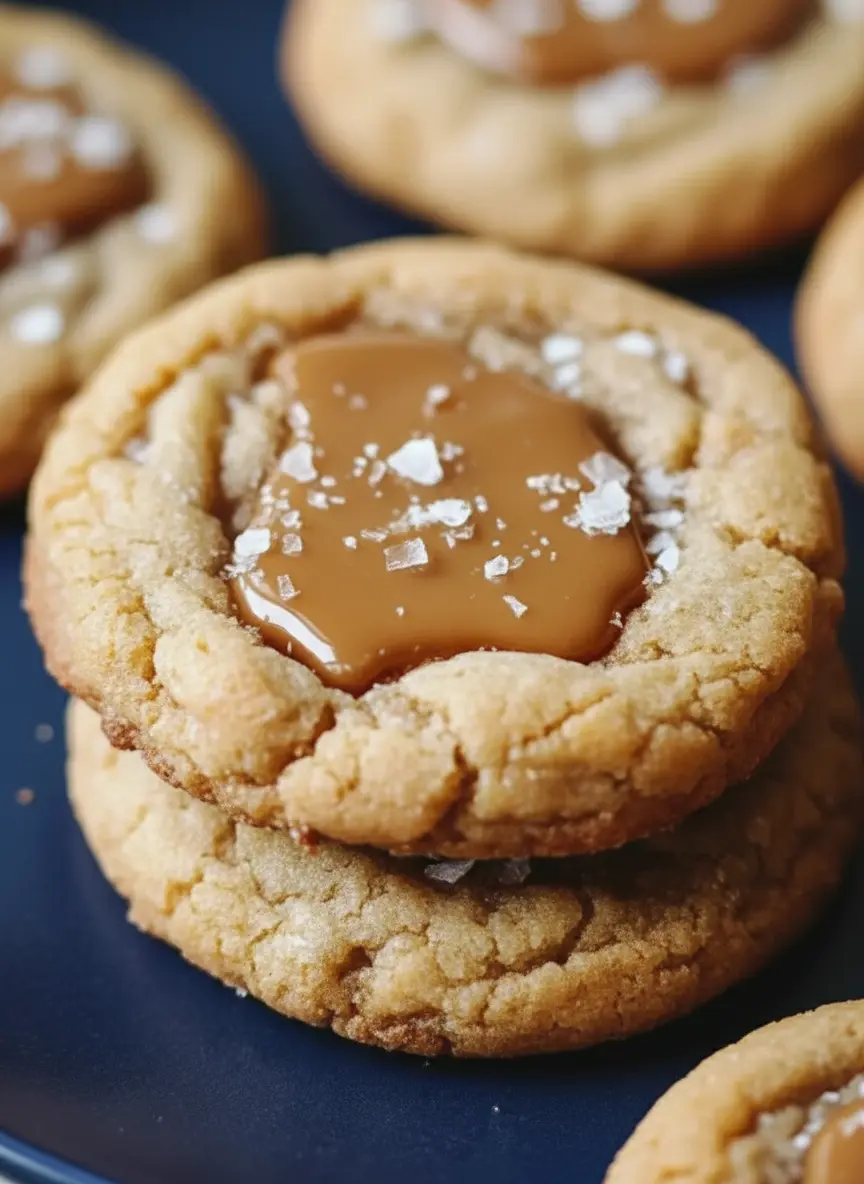 Ingredients for salted caramel cookies artfully arranged on a wooden cutting board next to a small white ceramic bowl containing brown sugar. Visible ingredients include sticks of butter, flour, eggs, caramel candies, and a container of flaky sea salt. The setup is on a marble countertop with soft natural morning light and subtle warm tones. (3:4 ratio)