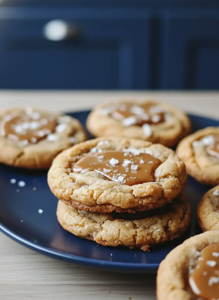 A close-up shot showing the process of making salted caramel cookies: a cookie dough ball, freshly scooped and placed on a parchment-lined baking sheet, with a thumb gently pressing an indentation into its center. A small dish of soft caramel candies is blurred in the background on a marble countertop, under natural morning light. (3:4 ratio)