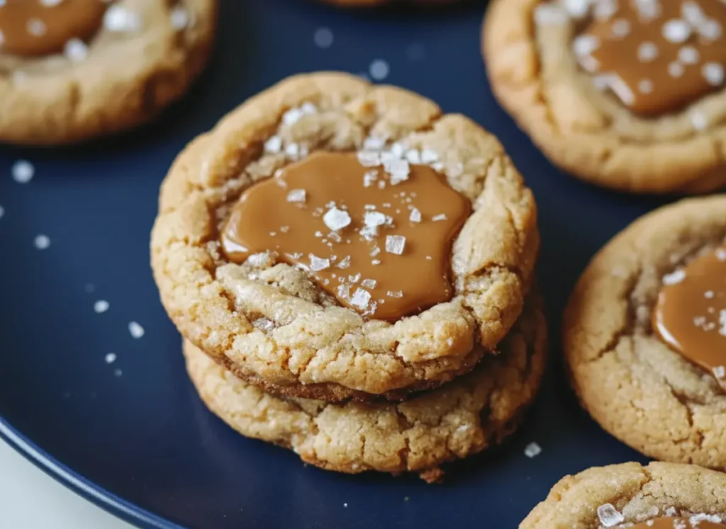 A stack of two perfectly baked salted caramel cookies, golden-brown with crinkled edges. Each cookie features a visible, slightly recessed pool of shiny, light brown caramel in its center, generously sprinkled with large, clear flakes of sea salt. The cookies are presented on a minimalist white ceramic plate. The scene is set on a marble countertop with subtle wood accents in the background, illuminated by soft natural morning light from an east window. Soft shadows are present, and the overall tone is warm and inviting. (4:3 ratio)