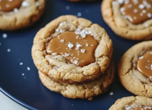 A stack of two perfectly baked salted caramel cookies, golden-brown with crinkled edges. Each cookie features a visible, slightly recessed pool of shiny, light brown caramel in its center, generously sprinkled with large, clear flakes of sea salt. The cookies are presented on a minimalist white ceramic plate. The scene is set on a marble countertop with subtle wood accents in the background, illuminated by soft natural morning light from an east window. Soft shadows are present, and the overall tone is warm and inviting. (4:3 ratio)
