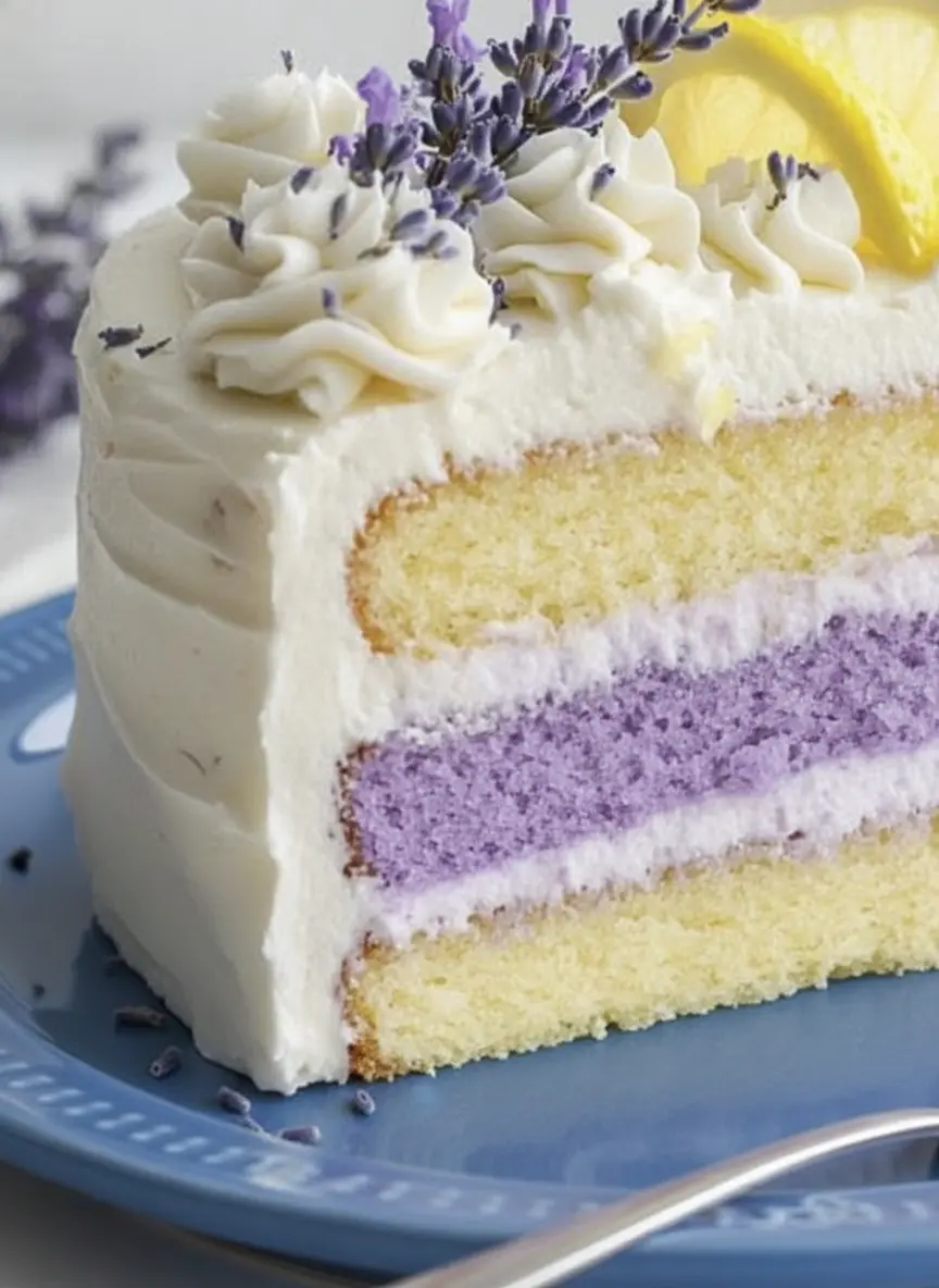 A collection of ingredients for the Lemon Lavender Cake Recipe arranged on a white marble surface. Visible are a bowl of bright yellow lemons, a small ceramic jar of dried purple lavender buds, a heap of white flour, and a stick of butter on a wooden board. Natural light from an east window creates soft shadows. 3:4 aspect ratio.