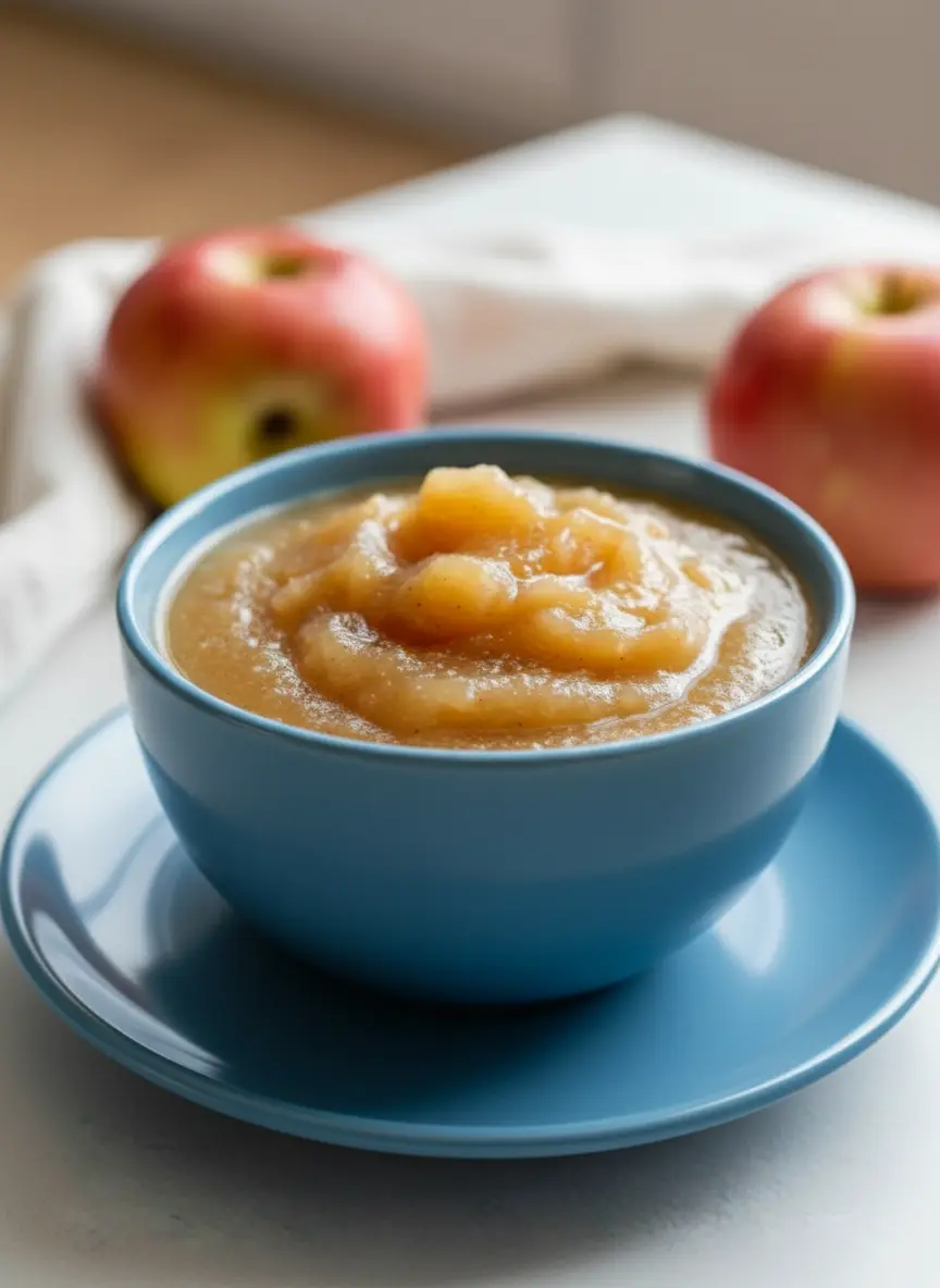 A heavy-bottomed pot on a stovetop, filled with chopped apples simmering gently, steam subtly rising. A wooden spoon rests nearby. The background shows a hint of marble countertop and wood accents, with consistent natural morning light and warm tones. No hands are visible. (3:4 ratio)