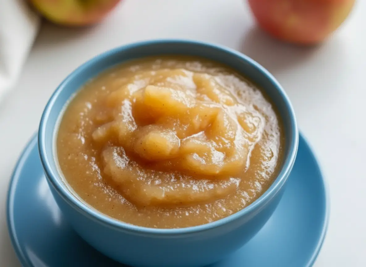 A minimalist white ceramic bowl filled with golden-brown, chunky stovetop applesauce, with visible cinnamon flecks and apple pieces. The bowl is on a simple white saucer on a light marble countertop. Blurred red apples are in the background. The scene is bathed in soft, natural morning light from an east window, casting gentle shadows. The presentation is clean and tidy, embodying a lived-in kitchen with genuine love for the process. (4:3 ratio)