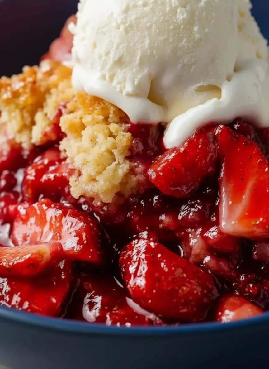 An overhead shot of fresh sliced bright red strawberries in a minimalist white bowl, sitting on a wooden cutting board next to a block of soft cream cheese, sugar, and flour. The scene is set on a clean marble countertop, illuminated by soft morning light from the side.
