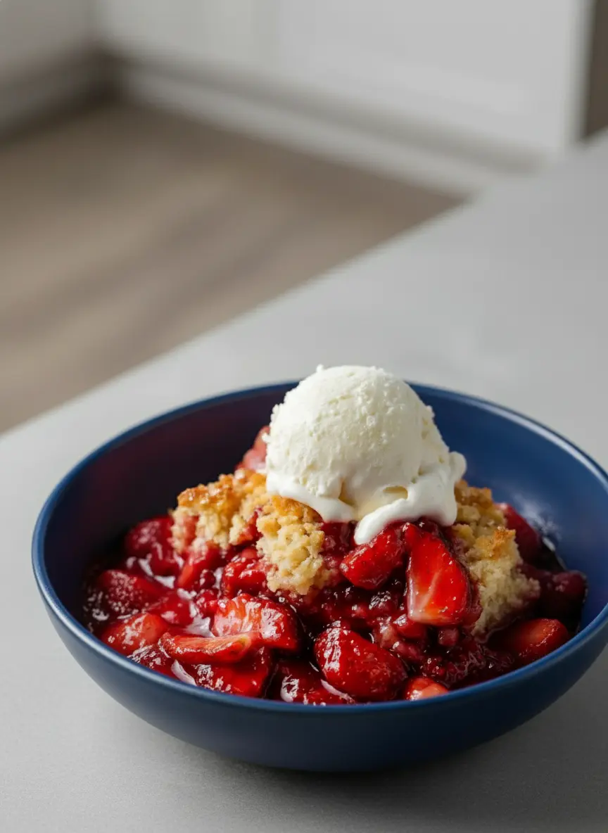 Close-up of the strawberry cream cheese cobbler just before entering the oven, arranged in a white ceramic baking dish with dollops of whipped white cream cheese nestled between vibrant red strawberry slices and sweet batter. Cozy background with soft shadows on the marble surface.