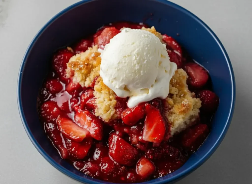 A warm strawberry cream cheese cobbler served in a rustic terracotta ceramic bowl on a marble countertop with wooden accents. A large, melting scoop of vanilla bean ice cream sits perfectly on top of the golden-brown crust, with vibrant red jammy strawberry juices bubbling around the sides. Soft morning light from an east window casts gentle shadows, with fresh mint leaves visible in the soft-focus background.