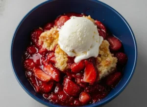 A warm strawberry cream cheese cobbler served in a rustic terracotta ceramic bowl on a marble countertop with wooden accents. A large, melting scoop of vanilla bean ice cream sits perfectly on top of the golden-brown crust, with vibrant red jammy strawberry juices bubbling around the sides. Soft morning light from an east window casts gentle shadows, with fresh mint leaves visible in the soft-focus background.