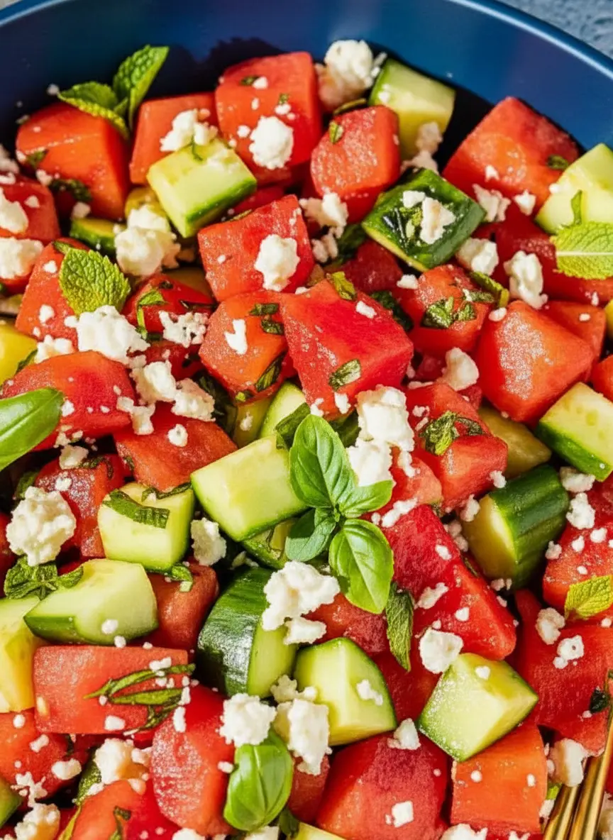 Neatly arranged diced red watermelon, green cucumber cubes, a pile of crumbled white feta, and fresh green mint and basil sprigs on a warm wooden cutting board, with a marble countertop in the background and natural morning light, soft shadows, and warm tones. Shot in 3:4 aspect ratio.