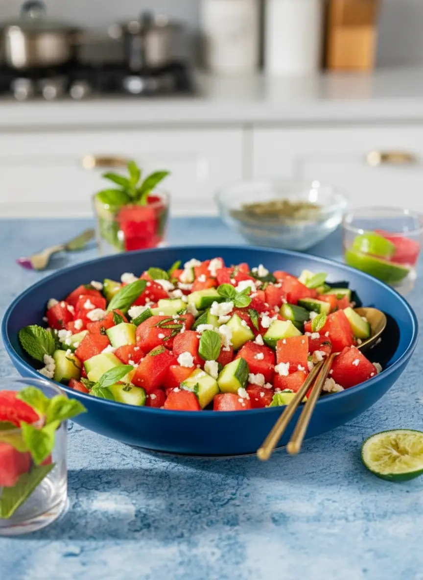 A close-up of vibrant diced red watermelon, green cucumber cubes, and crumbled white feta cheese being gently tossed in a minimalist white ceramic bowl with an orange rim, showcasing the texture and even coating of a light dressing. The scene is bathed in natural morning light on a marble countertop, with soft shadows and warm tones. Shot in 3:4 aspect ratio.