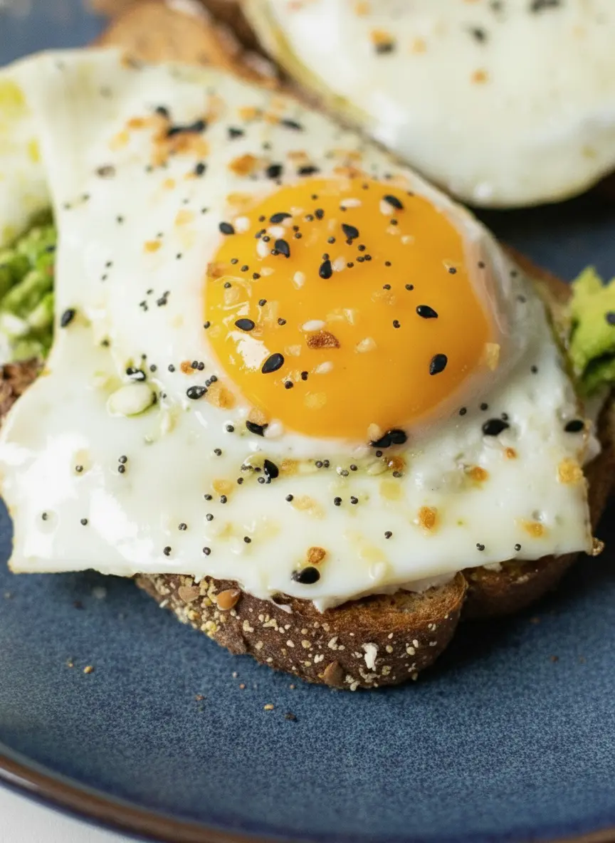 Close-up of a rustic wooden cutting board on a marble surface. A ripe avocado is sliced open, with one half already mashed showing a chunky texture. Two thick slices of multi-grain bread with a heavy seed coating on the crust lay nearby. A small ceramic bowl of everything bagel seasoning is in the corner. Natural, warm morning light.