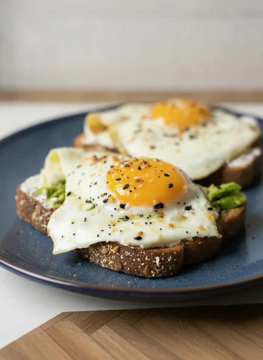 A shallow depth-of-field shot of a white non-stick skillet on a stove. Two eggs are frying, the whites perfectly opaque and bubbling slightly at the edges, while the yolks are bright, shiny, and liquid. A small wooden spatula rests on the side of the marble counter. Clean, minimalist kitchen setting with soft wood accents.