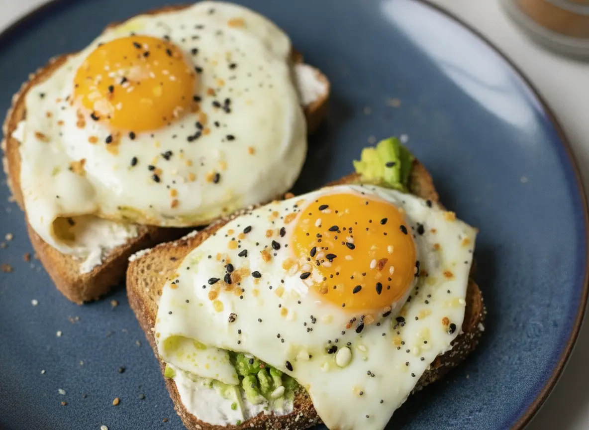 A high-angle shot of 10-Minute Avocado Egg Toast on a white ceramic plate. Two slices of dark, seeded multi-grain toast are topped with vibrant green smashed avocado and two sunny-side-up eggs with glistening, deep orange runny yolks. The eggs are generously coated in black and white sesame seeds, poppy seeds, and red pepper flakes. The plate sits on a white marble countertop with soft morning light streaming in from the side, creating gentle shadows. A small sprig of fresh cilantro is visible in the soft-focus background.