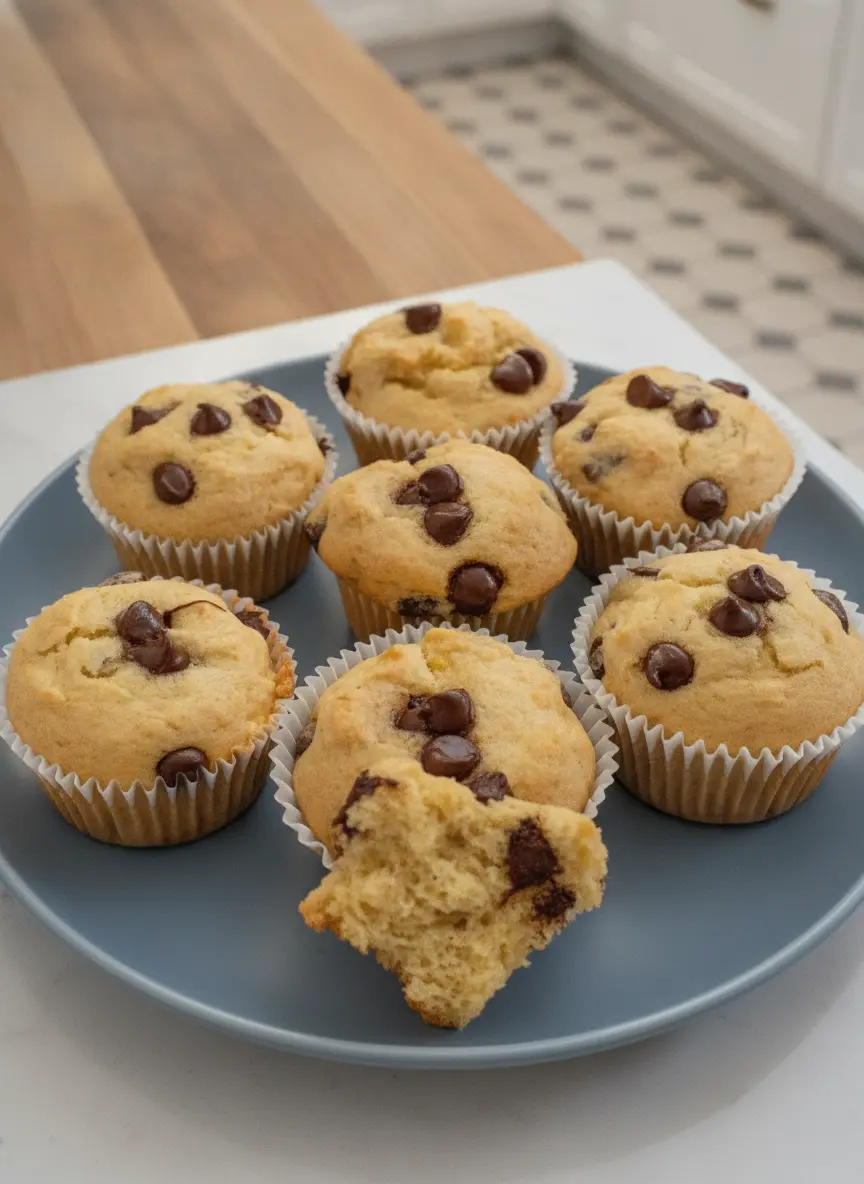 3:4 ratio photo of the process. A white ceramic bowl contains the thick, golden muffin batter with dark chocolate chips being folded in. The scene is set on a marble countertop. No hands are visible, just the spoon resting in the thick mixture showing the moist texture of the 3-Ingredient Banana Chocolate Chip Muffins.