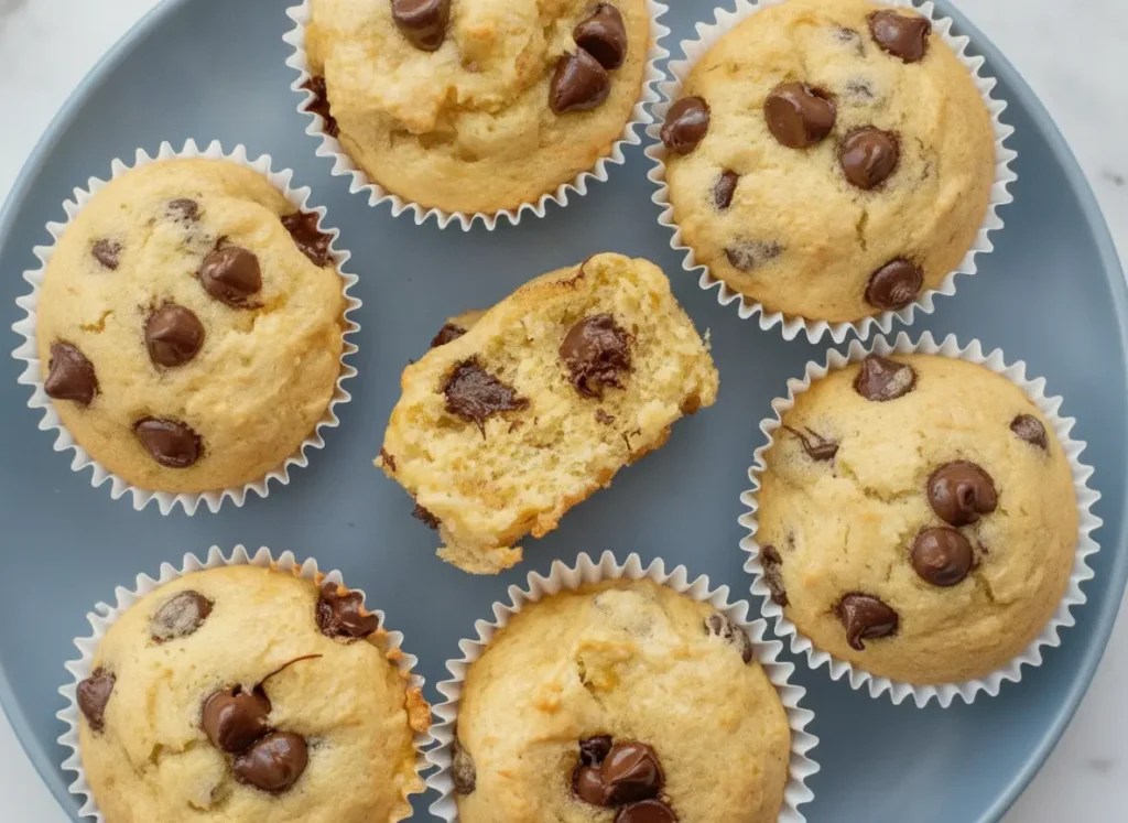 A high-angle 4:3 hero shot of 3-Ingredient Banana Chocolate Chip Muffins in white paper liners. The muffins are golden-yellow with visible melting dark chocolate chips on top. They are arranged on a white marble countertop with soft morning light coming from the side, creating gentle shadows. A small sprig of fresh mint is visible in a ceramic bowl in the blurred background.