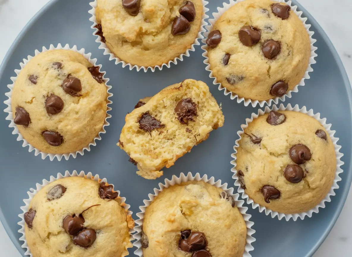 A high-angle 4:3 hero shot of 3-Ingredient Banana Chocolate Chip Muffins in white paper liners. The muffins are golden-yellow with visible melting dark chocolate chips on top. They are arranged on a white marble countertop with soft morning light coming from the side, creating gentle shadows. A small sprig of fresh mint is visible in a ceramic bowl in the blurred background.