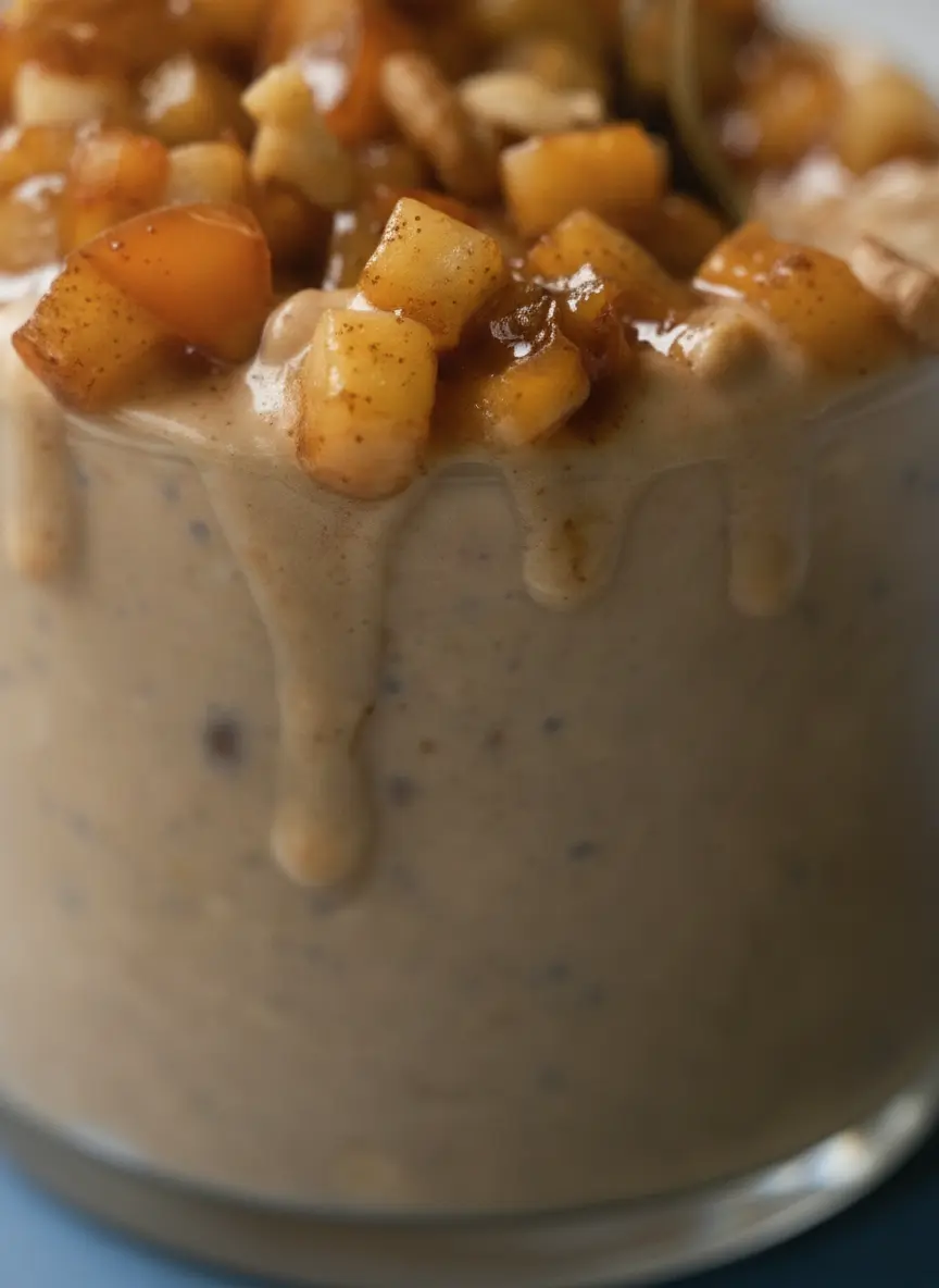 A top-down prep shot on a white marble surface. A wooden cutting board holds a half-cut Honeycrisp apple, a small bowl of dry rolled oats, a wooden spoon with a dusting of cinnamon, and a small jar of chia seeds. Natural light highlights the textures of the ingredients. 3:4 aspect ratio.