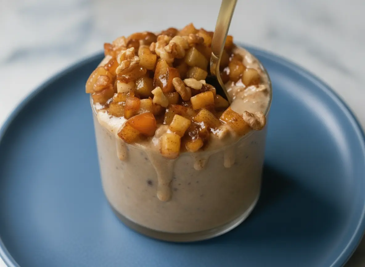A hero shot of Apple Pie Overnight Oats in a clean, straight-walled glass on a white marble countertop. The oats are a creamy tan color, topped with a generous mound of sautéed, glistening cinnamon-coated apple chunks and chopped walnuts. A golden spoon is tucked into the side. Soft morning light from an east-facing window creates gentle shadows. In the background, a small wooden cutting board and a sprig of fresh mint in a ceramic vase are softly blurred. 4:3 aspect ratio.