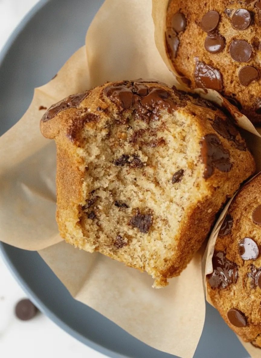Ingredients for banana muffins including speckled overripe bananas, a bowl of dark brown sugar, and a pile of chocolate chips arranged on a marble surface with a small sprig of mint in a ceramic bowl, 3:4 aspect ratio.