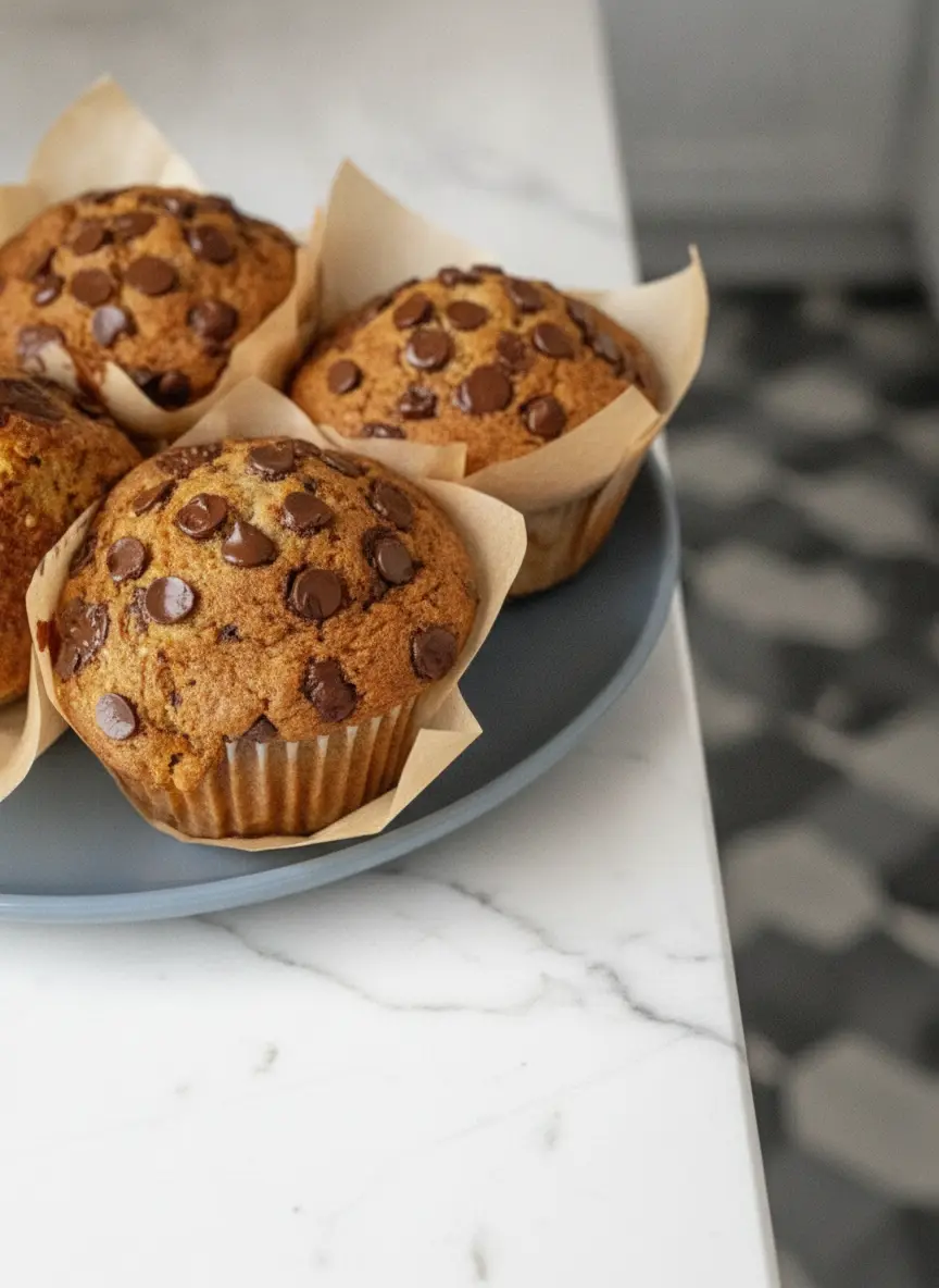 The process of scooping thick muffin batter into brown tulip liners placed in a metal muffin tin, showing the texture of the mashed bananas and chocolate chips, set on a wooden cutting board with soft shadows, 3:4 aspect ratio.
