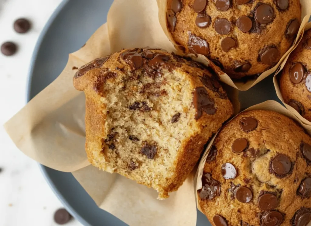 A professional hero shot of three Bakery-Style Banana Chocolate Chip Muffins with high, golden-brown domed tops, heavily studded with melted semi-sweet chocolate chips, wrapped in brown tulip parchment liners, sitting on a white marble countertop with soft morning light and a wooden cutting board in the background, 4:3 aspect ratio.