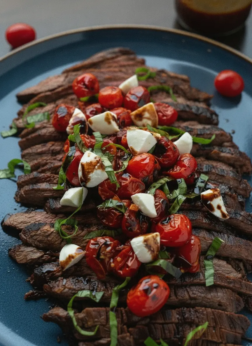 A top-down prep shot on a marble countertop showing a raw flank steak in a ceramic bowl with dark balsamic marinade. Surrounding the bowl are small white ceramic dishes containing halved red cherry tomatoes, fresh mozzarella pearls, and a bunch of fresh basil. The scene is bright with natural light and includes a wooden accent. 3:4 aspect ratio.