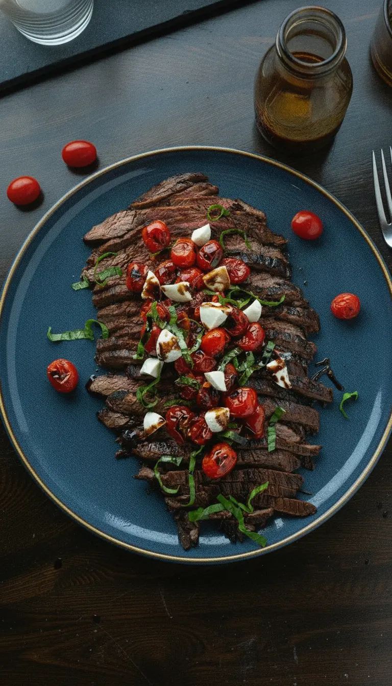 A process shot of the grilled flank steak resting on a rustic wooden cutting board. The steak has deep, charred grill lines and the surface is glistening with juices. A small bowl of the tomato and mozzarella mixture sits in the background, out of focus. The setting is a clean, tidy kitchen with fresh herbs visible. 3:4 aspect ratio.
