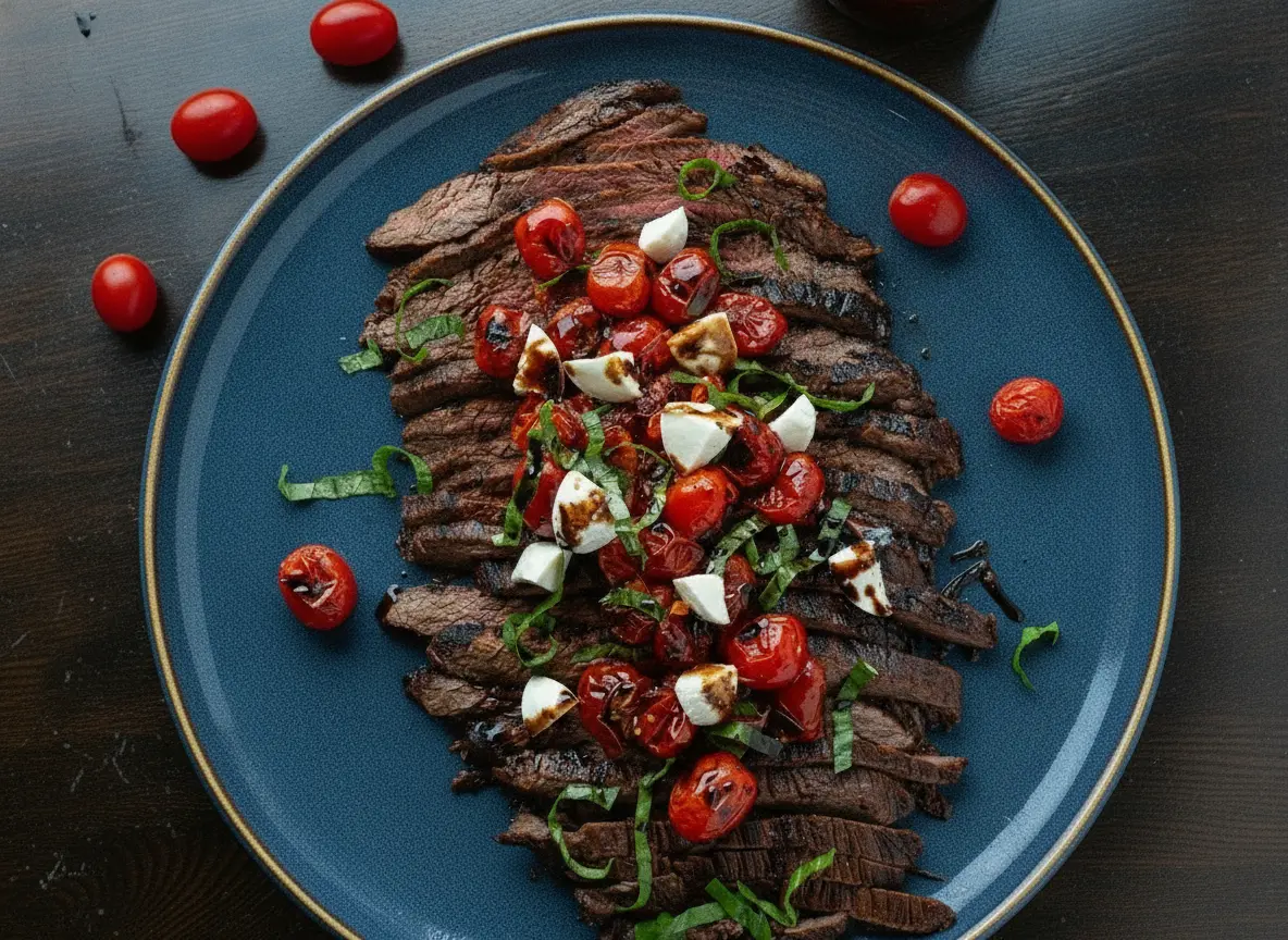 A hero shot of Balsamic Grilled Flank Steak Caprese sliced thinly on a minimalist white ceramic platter. The steak shows dark, caramelized grill marks and a pink medium-rare center. It is topped with bright red blistered cherry tomatoes, white mozzarella pearls, and vibrant green basil ribbons, all drizzled with a thick dark balsamic glaze. The platter sits on a white marble countertop with a wooden cutting board nearby. Soft morning light from an east window creates gentle shadows and warm tones. 4:3 aspect ratio.