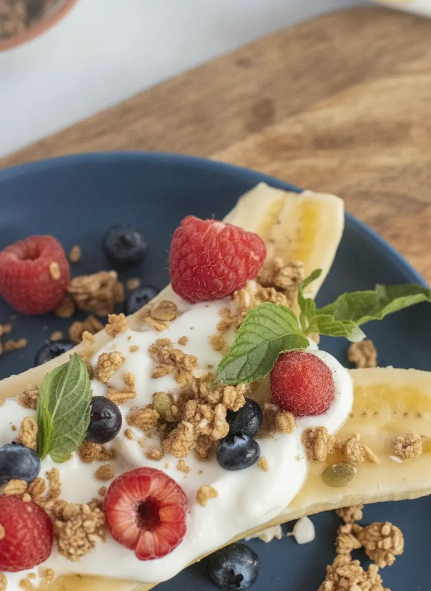 A close-up 3:4 shot focused on the ingredients for a Banana Split With Berries and Greek Yogurt. Whole yellow bananas, a ceramic bowl of fresh red raspberries and blueberries, and a small dish of granola with seeds are arranged on a white marble surface. A green checkered kitchen towel and fresh mint sprigs are in the background. Natural, bright morning light.