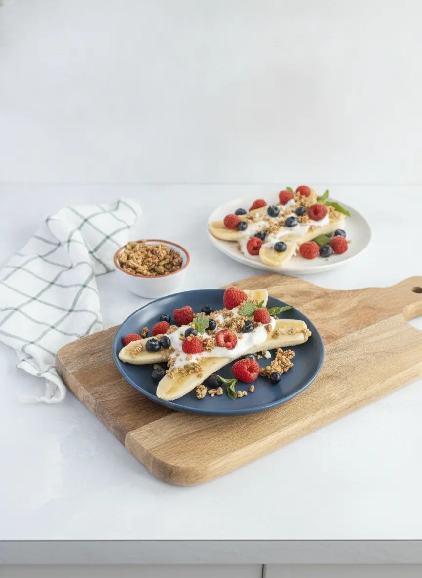 A 3:4 process shot showing two banana halves laid out on a signature wooden cutting board. A generous dollop of thick, creamy white Greek yogurt is being placed in the center of the bananas. No hands are visible. The scene is clean and tidy with soft shadows and a warm, inviting kitchen atmosphere.