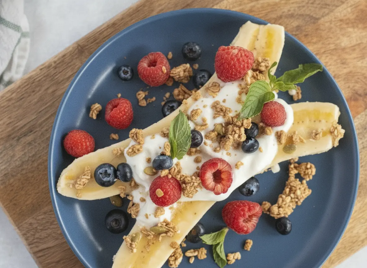 A high-angle hero shot of a Banana Split With Berries and Greek Yogurt on a minimalist white plate. The banana is split lengthwise with thick white Greek yogurt in the middle, topped with red raspberries, dark blue blueberries, and golden granola with pumpkin seeds. The plate sits on a rustic wooden cutting board over a white marble countertop. Soft, warm morning sunlight streams in from the side, creating gentle shadows. Fresh mint leaves are scattered as a garnish. A small ceramic bowl of granola is visible in the corner.