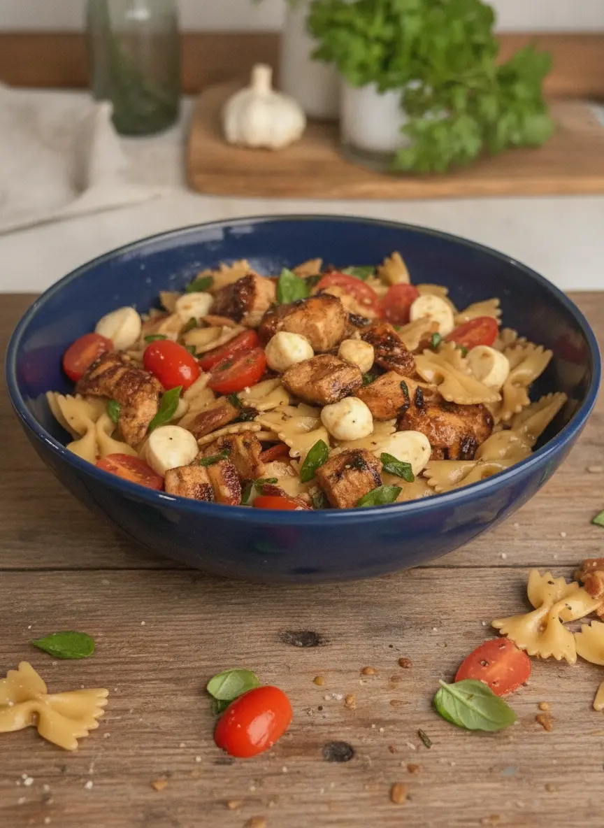 A process shot focusing on the texture of the Caprese Pasta Salad. A wooden spoon is tossing bowtie pasta and dark, caramelized balsamic chicken pieces in a bowl. The balsamic glaze is glistening on the ridges of the pasta. The scene is bright and airy with warm wood accents in the background.