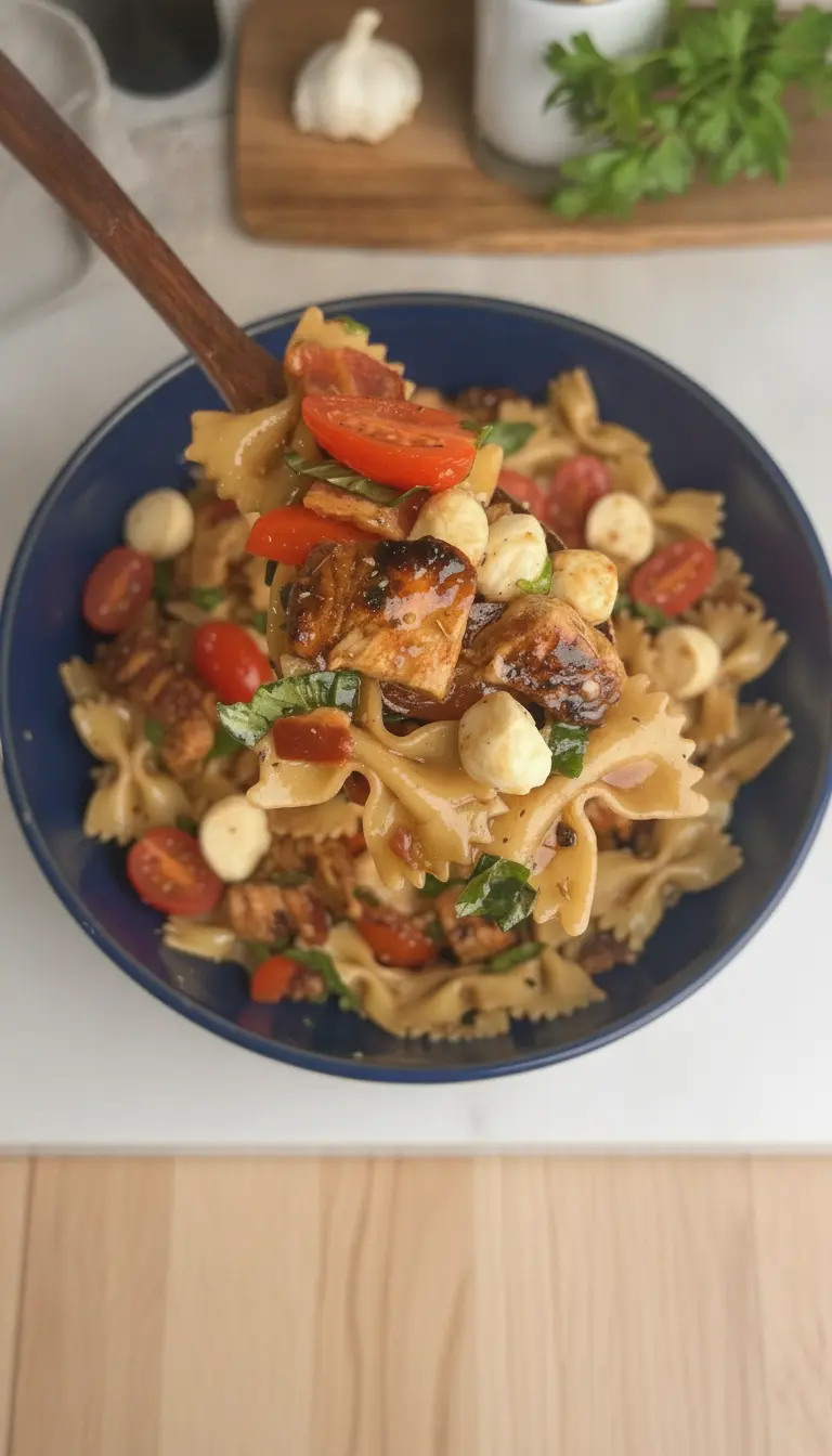 A serving-focused shot showing a close-up of the Caprese Pasta Salad being lifted by a wooden spoon. The focus is on the contrast between the creamy white mozzarella, the red tomatoes, and the dark glaze. The bright orange ceramic bowl provides a pop of color against the neutral marble background.