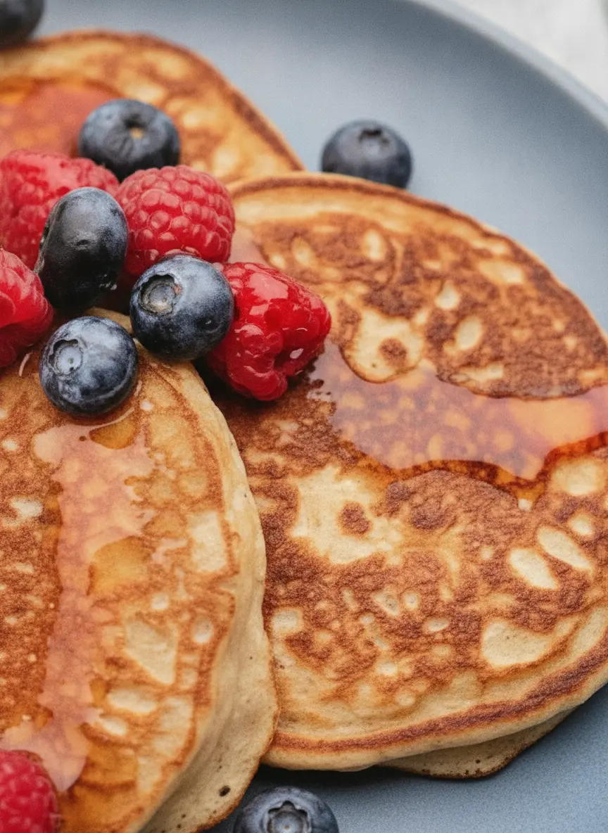 A top-down view of the ingredients for Cottage Cheese Pancakes arranged on a marble countertop. A white ceramic bowl contains creamy cottage cheese, a wooden scoop holds rolled oats, and brown eggs sit in a small ceramic crate. Fresh herbs in a small pot and a wooden cutting board are visible in the background under bright, natural light.