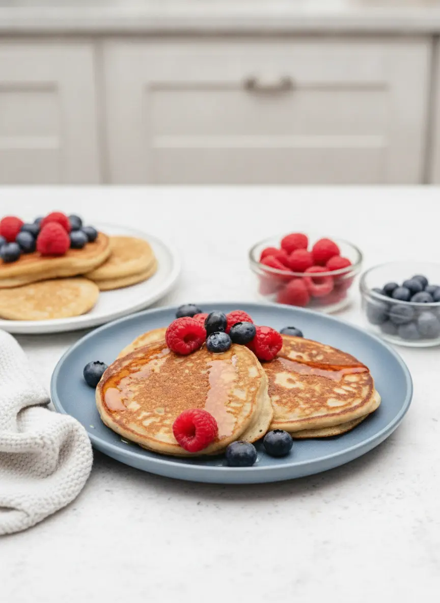 A process shot of the Cottage Cheese Pancakes cooking on a black non-stick griddle. The pancakes are a deep golden brown with visible texture and small bubbles on the surface. No hands are visible. The griddle sits on a tidy stove next to a marble backsplash, with warm morning tones and soft shadows defining the edges of the cakes.