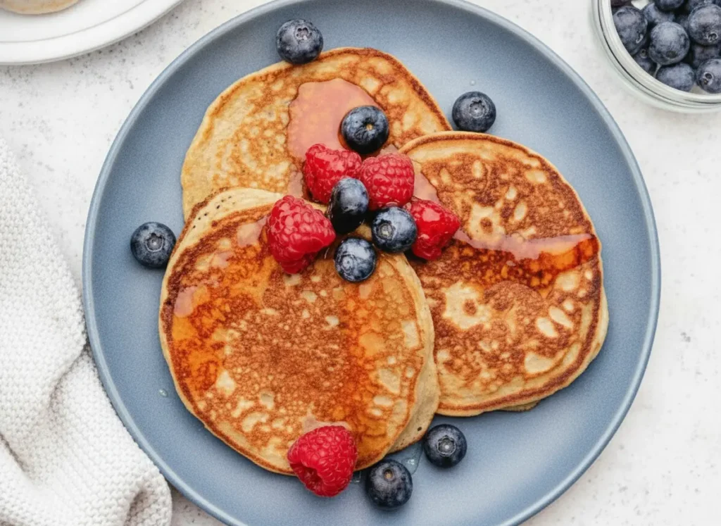 A hero shot of three golden-brown Cottage Cheese Pancakes stacked on a minimalist white ceramic plate. The pancakes are topped with vibrant red raspberries and deep blue blueberries, drizzled with glossy amber maple syrup that pools slightly on the plate. The scene is set on a white marble countertop with soft morning light from an east window, creating gentle shadows. A wooden cutting board and a small glass bowl of extra berries are visible in the soft-focus background.