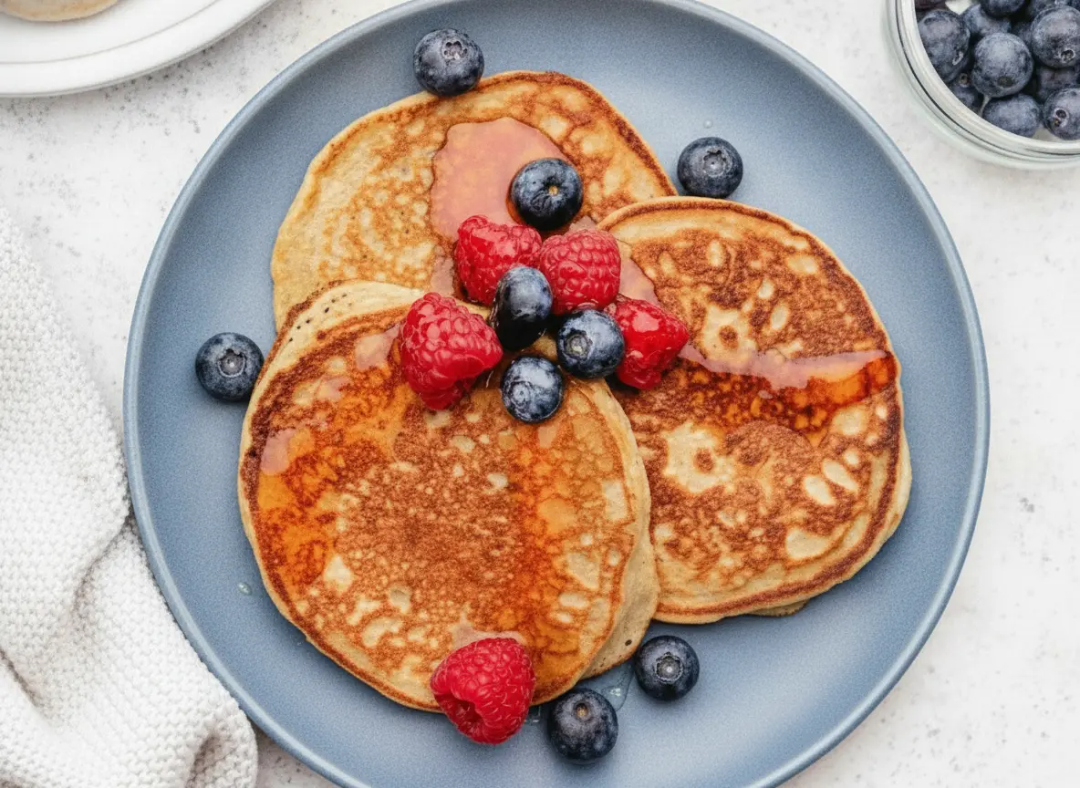 A hero shot of three golden-brown Cottage Cheese Pancakes stacked on a minimalist white ceramic plate. The pancakes are topped with vibrant red raspberries and deep blue blueberries, drizzled with glossy amber maple syrup that pools slightly on the plate. The scene is set on a white marble countertop with soft morning light from an east window, creating gentle shadows. A wooden cutting board and a small glass bowl of extra berries are visible in the soft-focus background.
