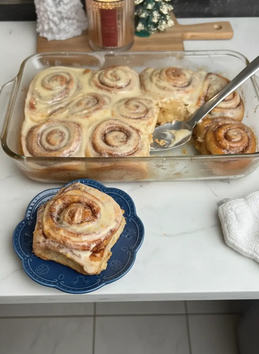 A 3:4 vertical process shot of the Orange Cinnamon Rolls dough being rolled. The dough is a soft cream color, stretched into a rectangle on a marble countertop. A layer of melted butter and orange-cinnamon sugar is being spread across the surface. No hands are visible. A dusting of flour and a wooden rolling pin are at the edge of the frame.