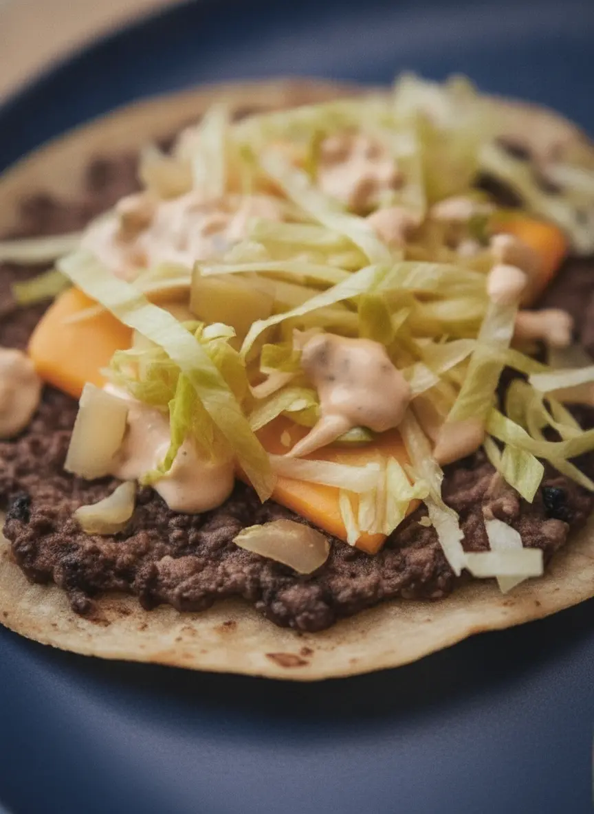 A high-angle prep shot on a white marble countertop. Several loose balls of raw ground beef sit next to a stack of small flour tortillas and a bowl of finely shredded iceberg lettuce. A small ceramic bowl contains the secret sauce with a silver spoon resting inside. A wooden cutting board is in the background with a few sprigs of fresh parsley. Bright, clean natural light fills the frame. 3:4 ratio.