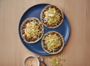 A hero shot of three Smash Burger Tacos laid out on brown parchment paper. The beef is thin and crispy with dark brown lacy edges, topped with a square of melted yellow American cheese, a mound of finely shredded bright green iceberg lettuce, and a generous drizzle of creamy pinkish-orange sauce. Small slices of dill pickles are scattered on top. The scene is set on a white marble countertop with a wooden cutting board partially visible. Soft morning light from an east window creates gentle shadows and warm tones. Minimalist ceramic bowl of extra sauce sits in the corner. No hands or people.