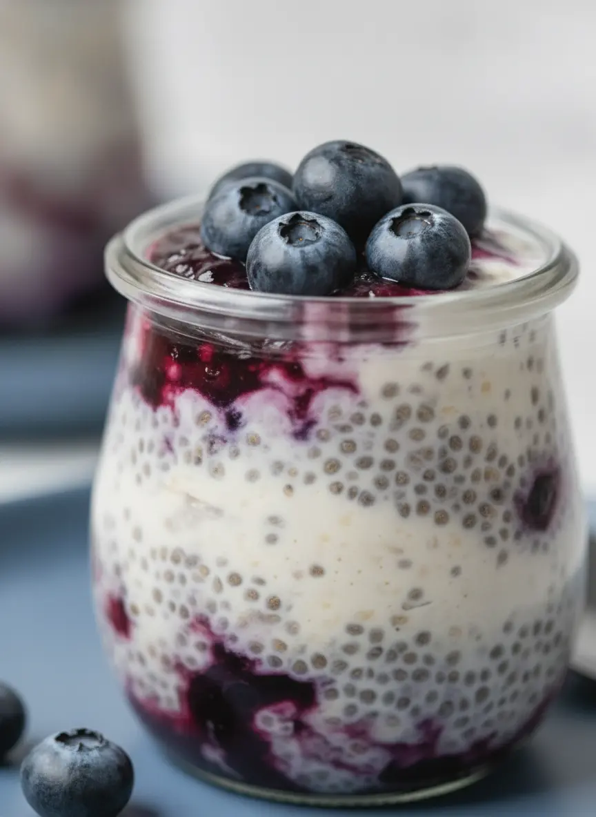 A 3:4 vertical shot focusing on the ingredients for Blueberry Cheesecake Overnight Oats. A white ceramic bowl contains dry rolled oats and chia seeds, while a small wooden bowl holds fresh, dark blueberries. A splash of almond milk is in a glass carafe. Everything is arranged on a marble surface with a sprig of mint in the background. Natural morning light.
