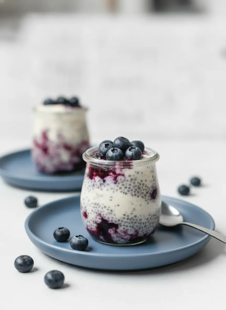 A 3:4 process shot showing two glass jars during assembly. One jar is half-filled with the white creamy oat mixture, and a thick, dark purple blueberry compote is being layered in, creating a marbled effect against the glass. The background features a clean kitchen with a wooden cutting board and a striped linen napkin. No hands.