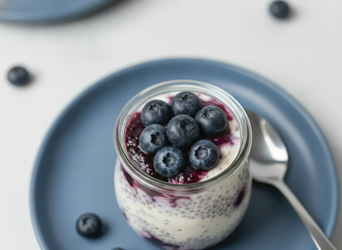A high-angle 4:3 hero shot of a glass jar filled with Blueberry Cheesecake Overnight Oats. The jar shows distinct, vibrant purple swirls of blueberry jam mixed with creamy white oats and visible chia seeds. Fresh, plump blueberries are piled on top. The jar sits on a white marble countertop with a wooden cutting board nearby. Soft, warm morning light streams from the side, creating gentle shadows. No hands or people visible.