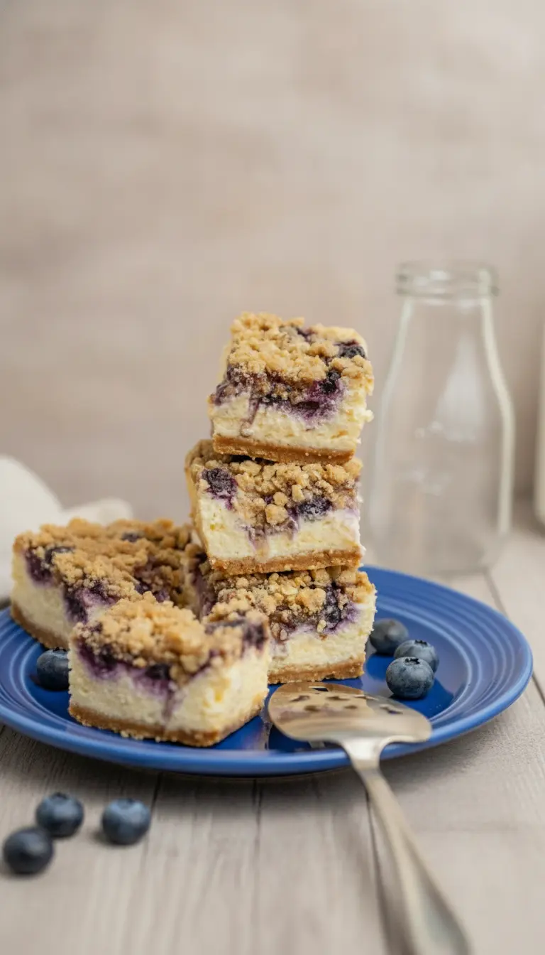 A process shot showing the technique of swirling. A square baking pan lined with parchment paper contains the white cheesecake batter. Small dollops of dark purple blueberry compote are being swirled into the white cream cheese with a wooden skewer. The pan sits on a rustic wooden board under natural morning light. No hands visible.