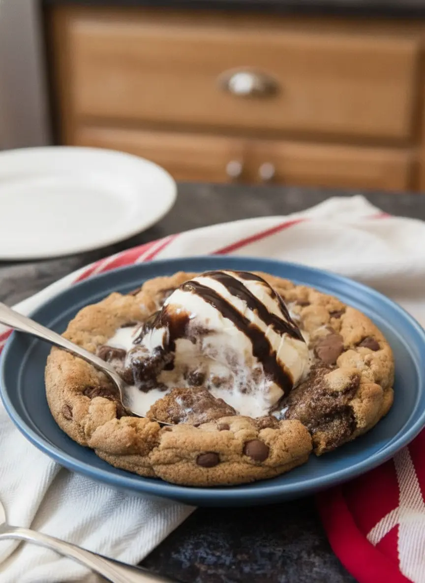 A 3:4 process shot showing the thick, glistening cookie dough with large chocolate chunks being pressed into a seasoned black cast iron skillet. The texture of the dough is visible, showing the flecks of browned butter. The scene is lit by bright, natural morning light on a clean marble surface.