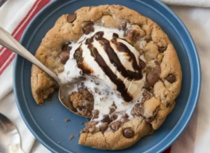 A high-angle 4:3 hero shot of a golden Brown Butter Chocolate Chip Skillet Cookie in a small black cast iron skillet. A large scoop of vanilla ice cream is melting in the center, drizzled with dark chocolate sauce. A silver spoon is resting in the gooey center. The skillet sits on a white marble countertop with a red and white striped kitchen towel draped nearby. Warm morning sunlight from an east window creates soft shadows.