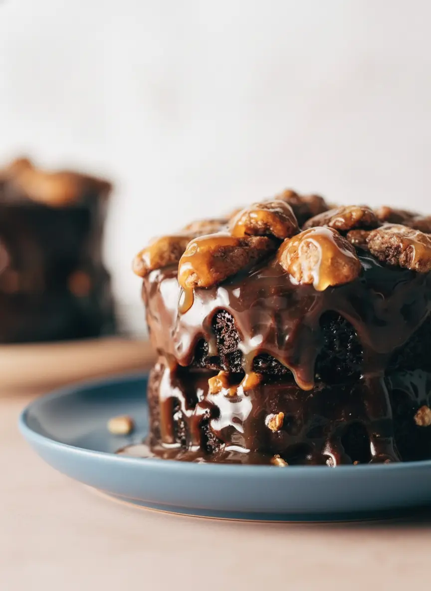 A process shot focusing on the technique of assembly, a small glass jar of thick golden caramel sauce being poured over the top of two stacked dark chocolate cakes, the sauce glistening under natural morning light, no hands visible, captured on a clean marble surface with soft wood accents.