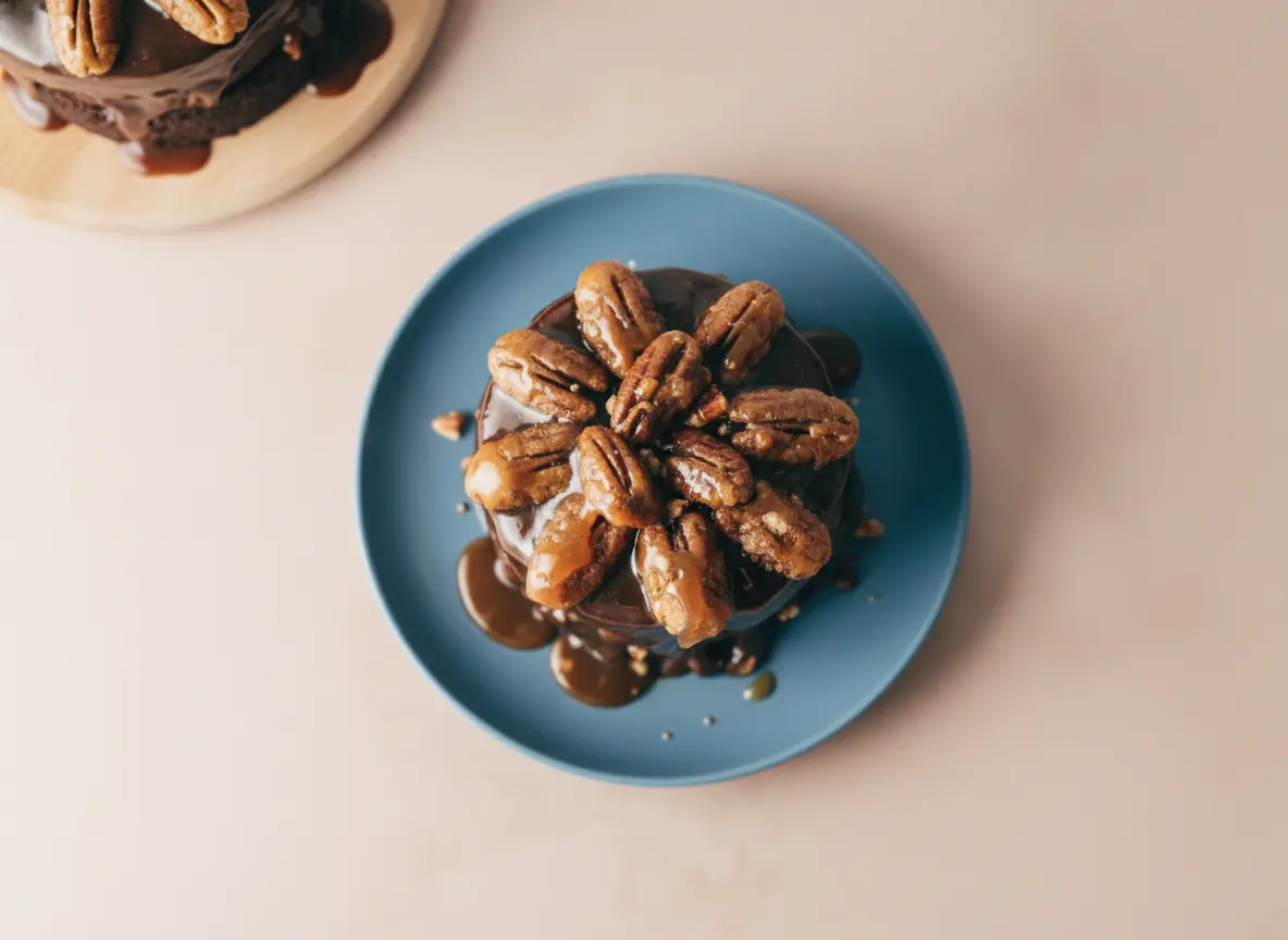 A hero shot of a Cafe Latte Turtle Cake for Two, two small layers of dark fudgy chocolate cake stacked high, drenched in thick glossy dark chocolate and amber caramel sauce dripping down the sides, topped with large glazed toasted pecans, placed on a minimalist white ceramic plate, set on a white marble countertop with a wooden cutting board in the soft background, warm morning light from an east window creating soft shadows and a cozy atmosphere.